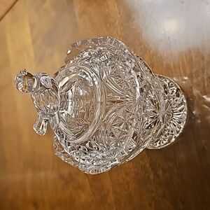 Vintage Lead Crystal Cut Glass Bird Design Covered Sugar Bowl w/ Spoon Cutout